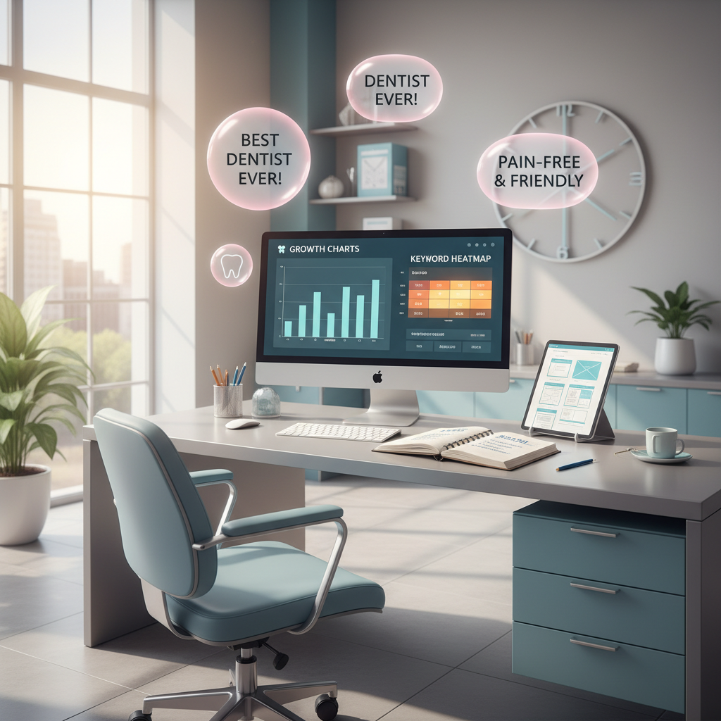 Modern dental office with digital workspace, SEO notes, wireframes, and testimonial bubbles.
