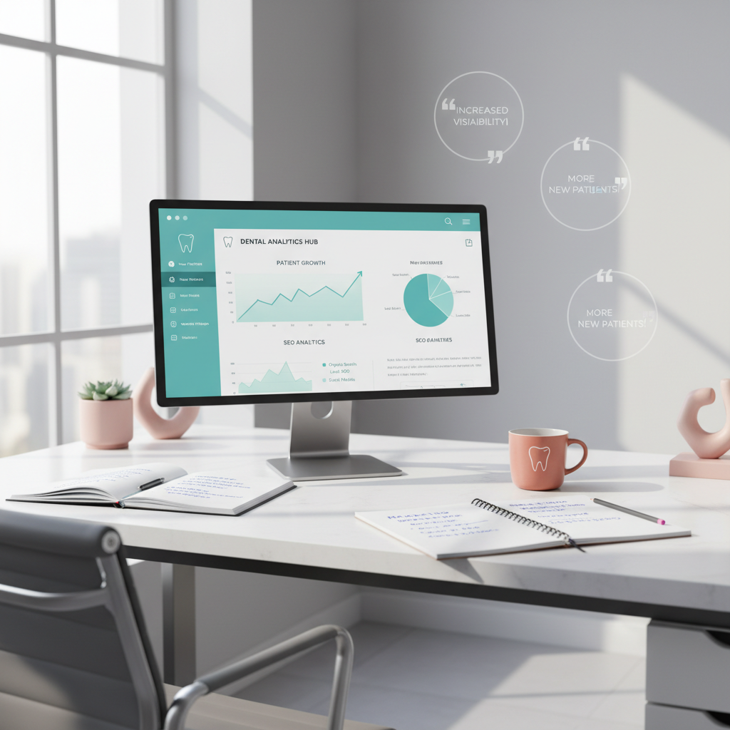 Modern dental office workspace with computer displaying SEO analytics, notebooks, coffee, and testimonial bubbles.