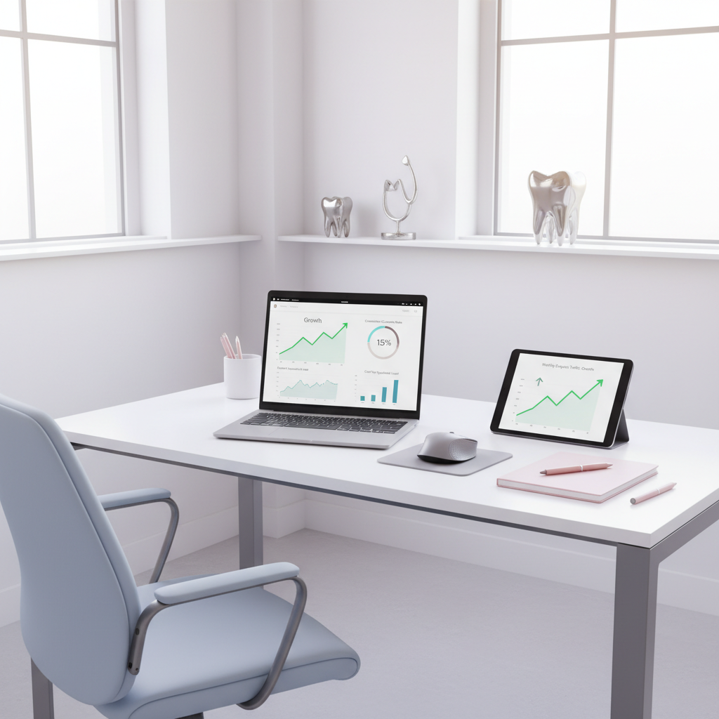 Modern dental office workspace with laptop displaying marketing dashboards and growth metrics.
