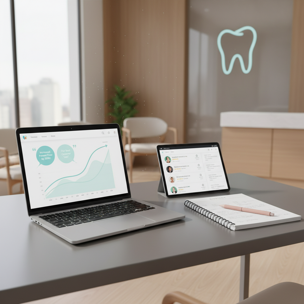 Modern dental office workspace with laptop, notes, tablet, and pink pen on gray desk.