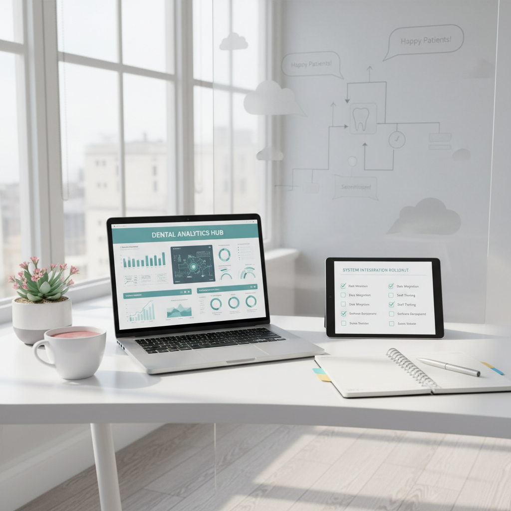 Modern dental office workspace with laptop, planner, tablet, plant, coffee, and whiteboard.