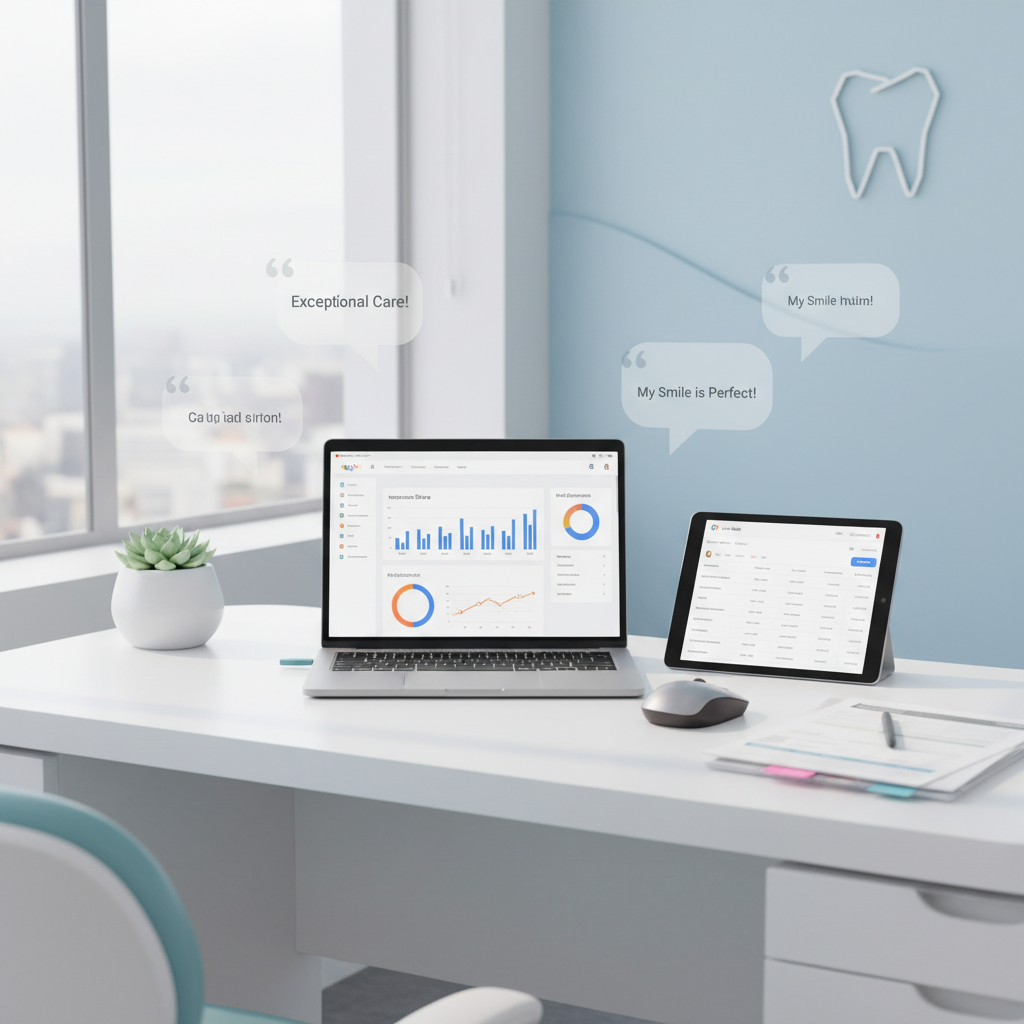 Modern dental office workspace with laptop, tablet, and digital marketing dashboards in natural light.
