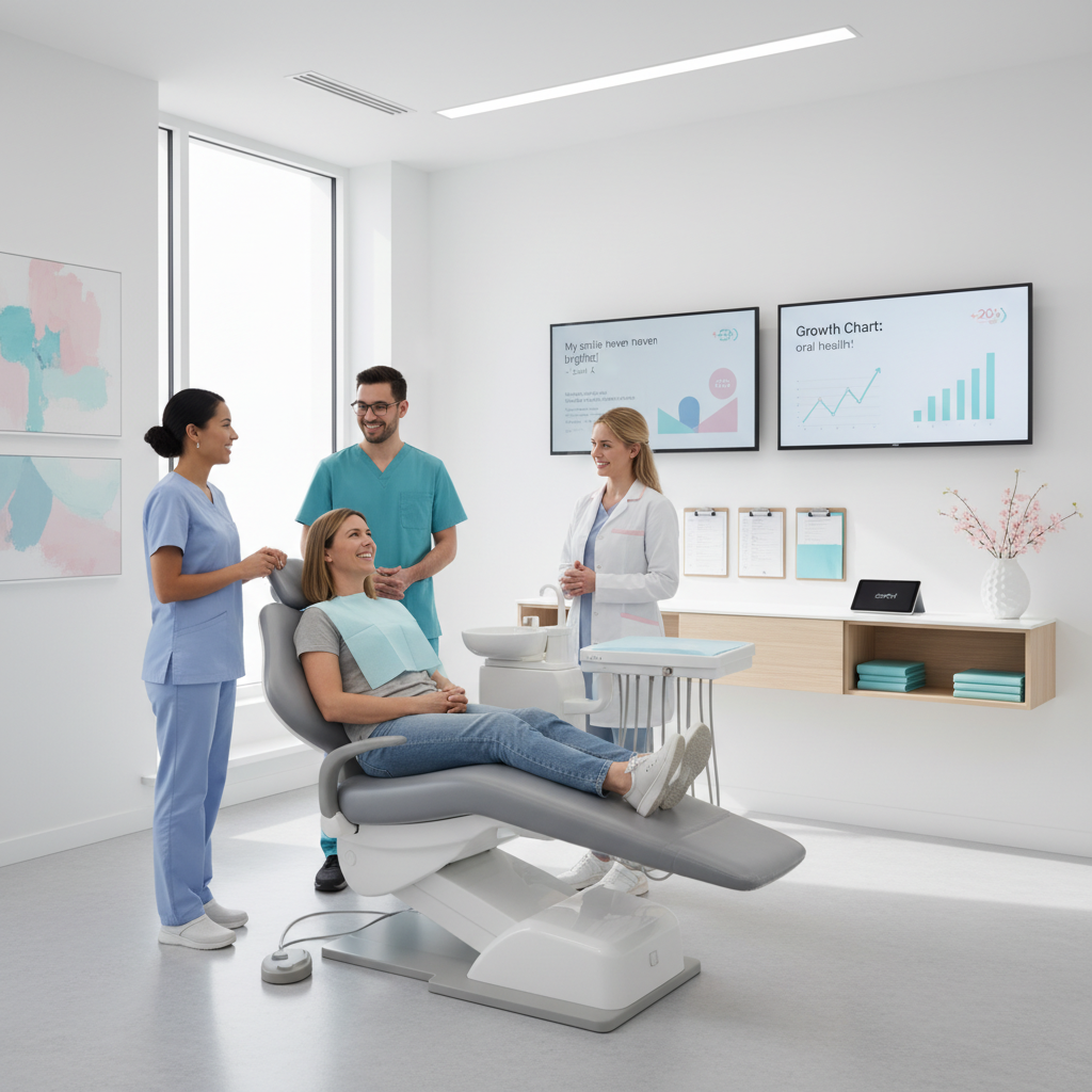 Modern dental team warmly interacts with patient in bright, organized clinic with subtle brand colors.