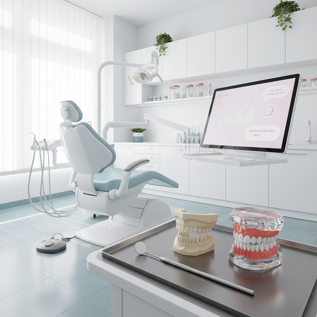 Modern dental treatment room with chair, digital dashboard, jawbone model, teeth, and tools.