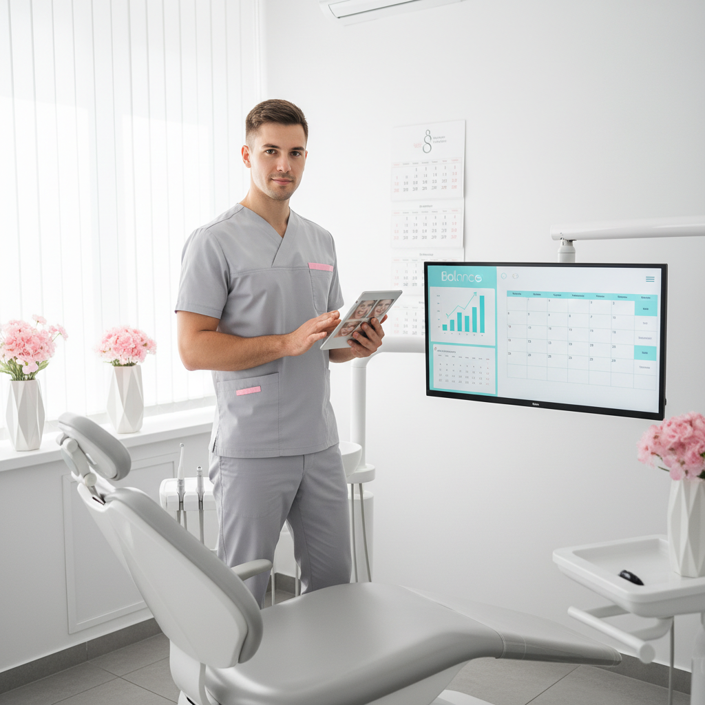 Modern dental treatment room with dentist reviewing patient photos and digital dashboard displays.