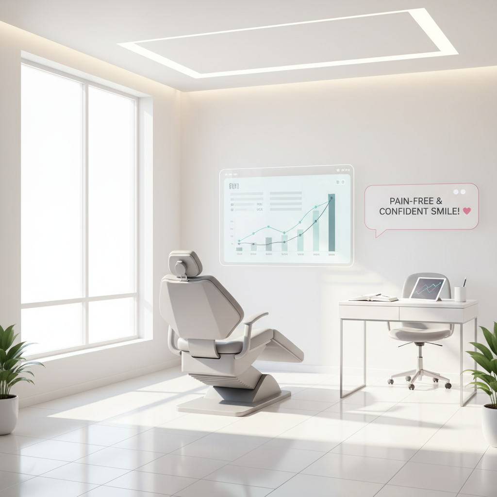 Modern dental treatment room with digital dashboard, testimonial bubble, white surfaces, and warm accents.