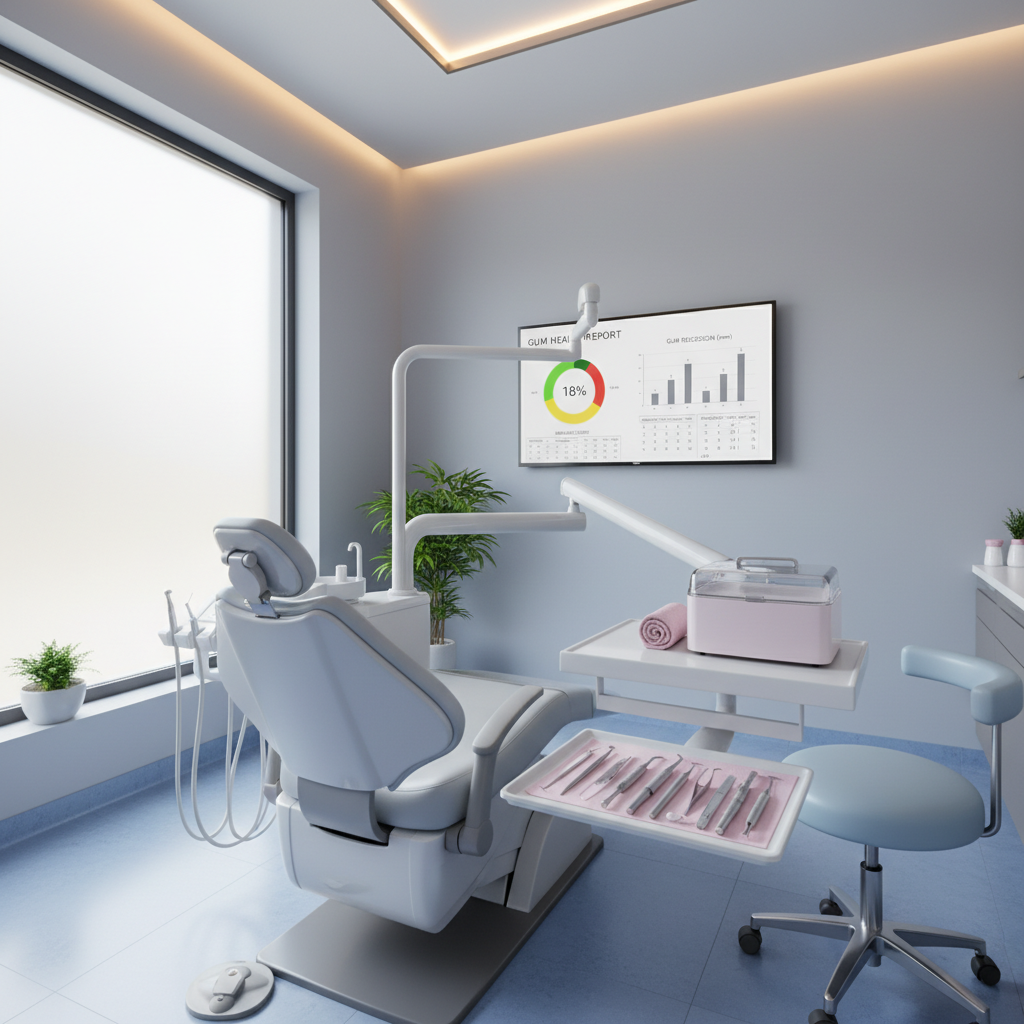 Modern dental treatment room with digital gum charts, dental tools, and hygienist workspace.