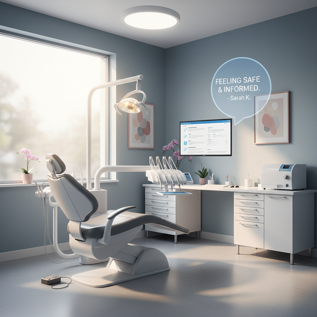 Modern dental treatment room with digital tablet, testimonial bubble, and organized workstation.
