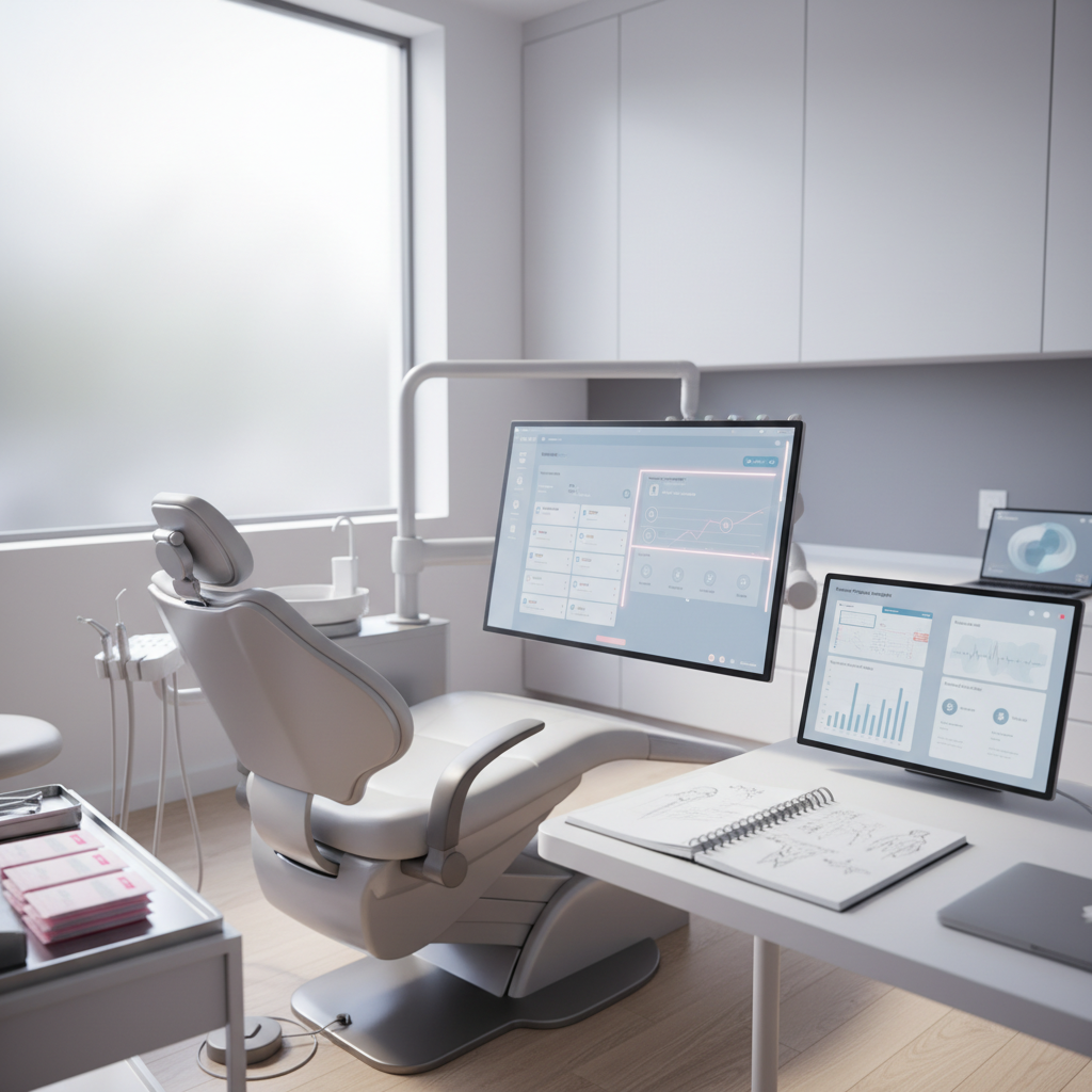Modern dental treatment room with digital workspace, charts, notes, and calming dental chair in natural light.