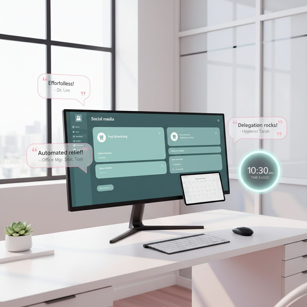 Modern dental workspace with computer, calendars, clock, and testimonial bubbles in bright, organized room.