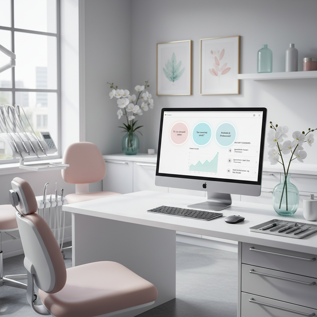 Modern dental workspace with computer displaying dashboard, testimonial bubbles, growth charts, and organized patient info.