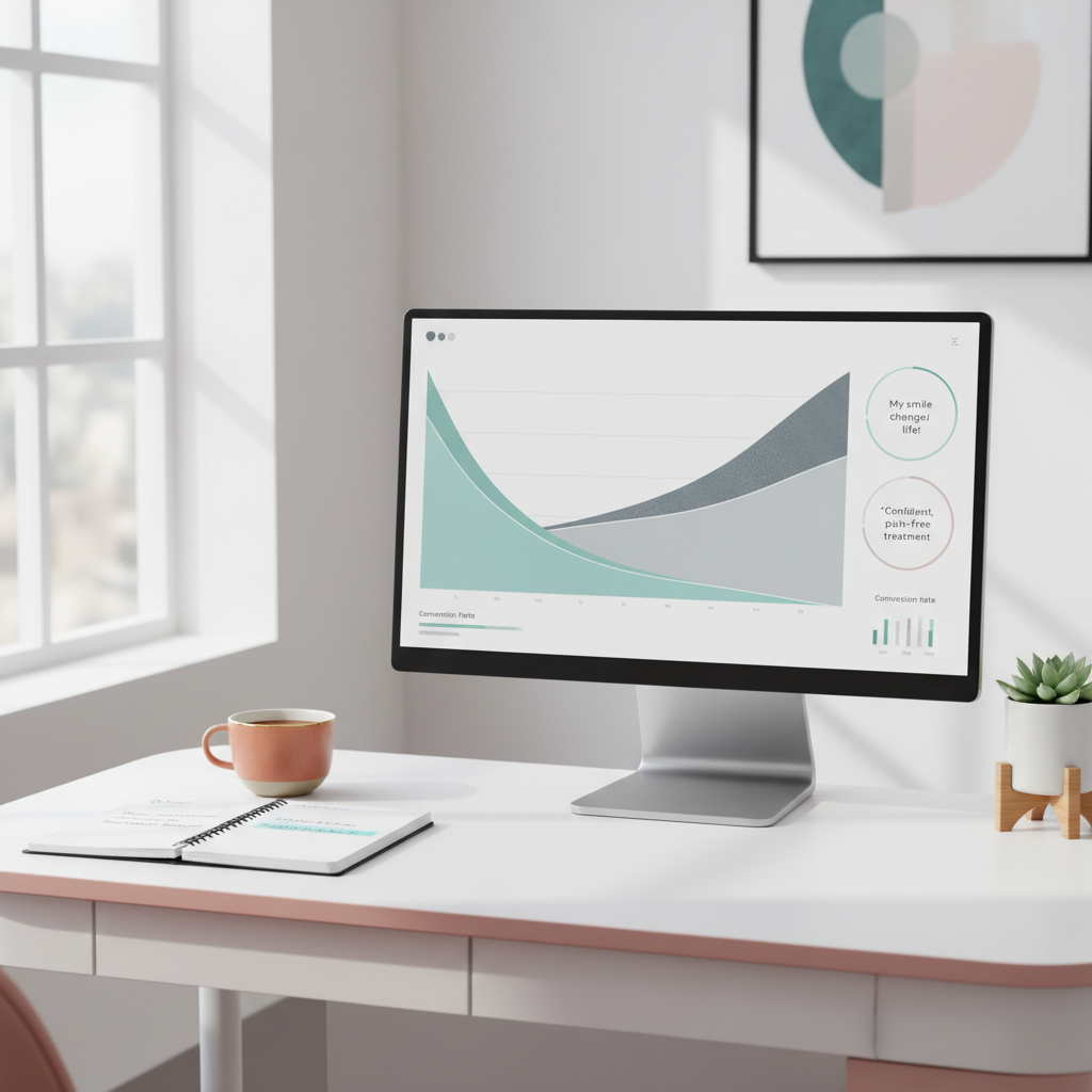 Modern dental workspace with computer displaying growth charts, planner, and coffee cup in bright, minimal setting.
