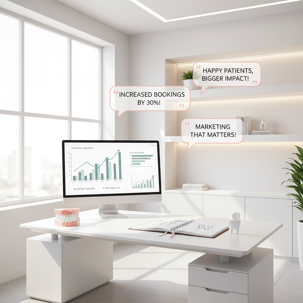 Modern dental workspace with computer displaying growth charts, dental model, notebooks, and testimonial bubbles.