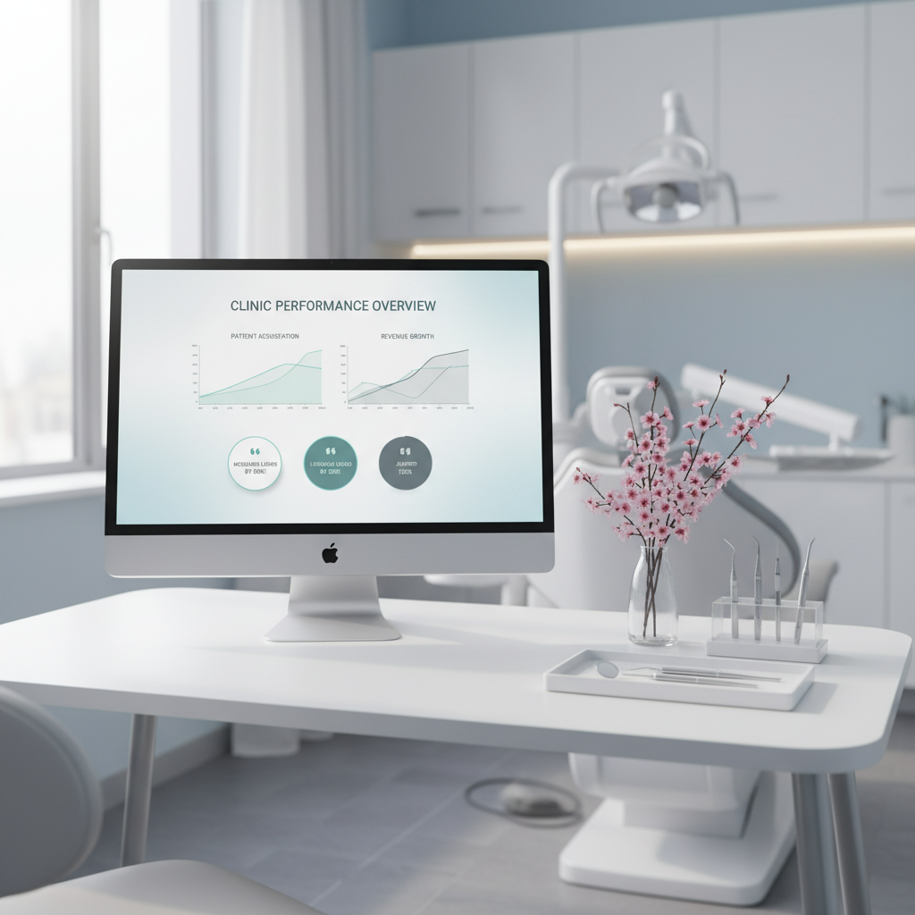 Modern dental workspace with computer displaying growth charts, surrounded by clean treatment area and tools.