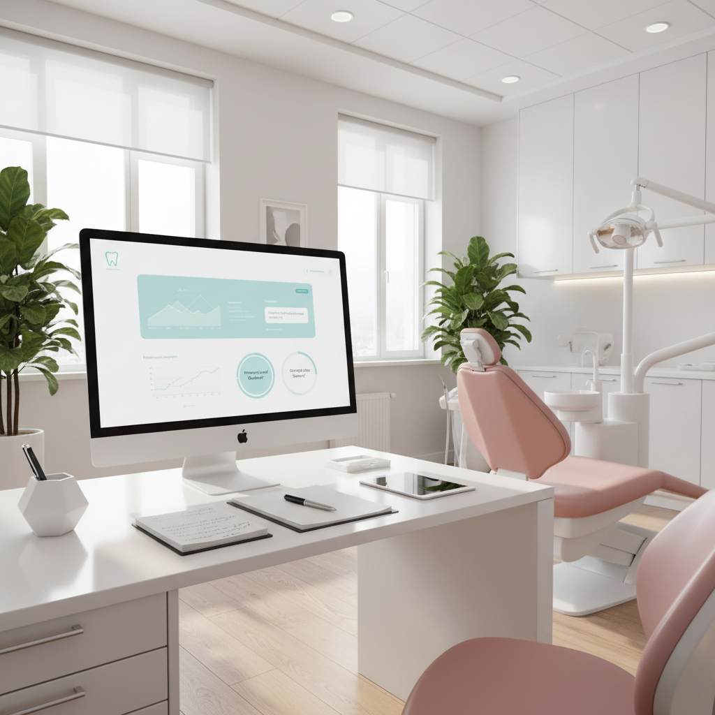 Modern dental workspace with computer, notes, and tablet