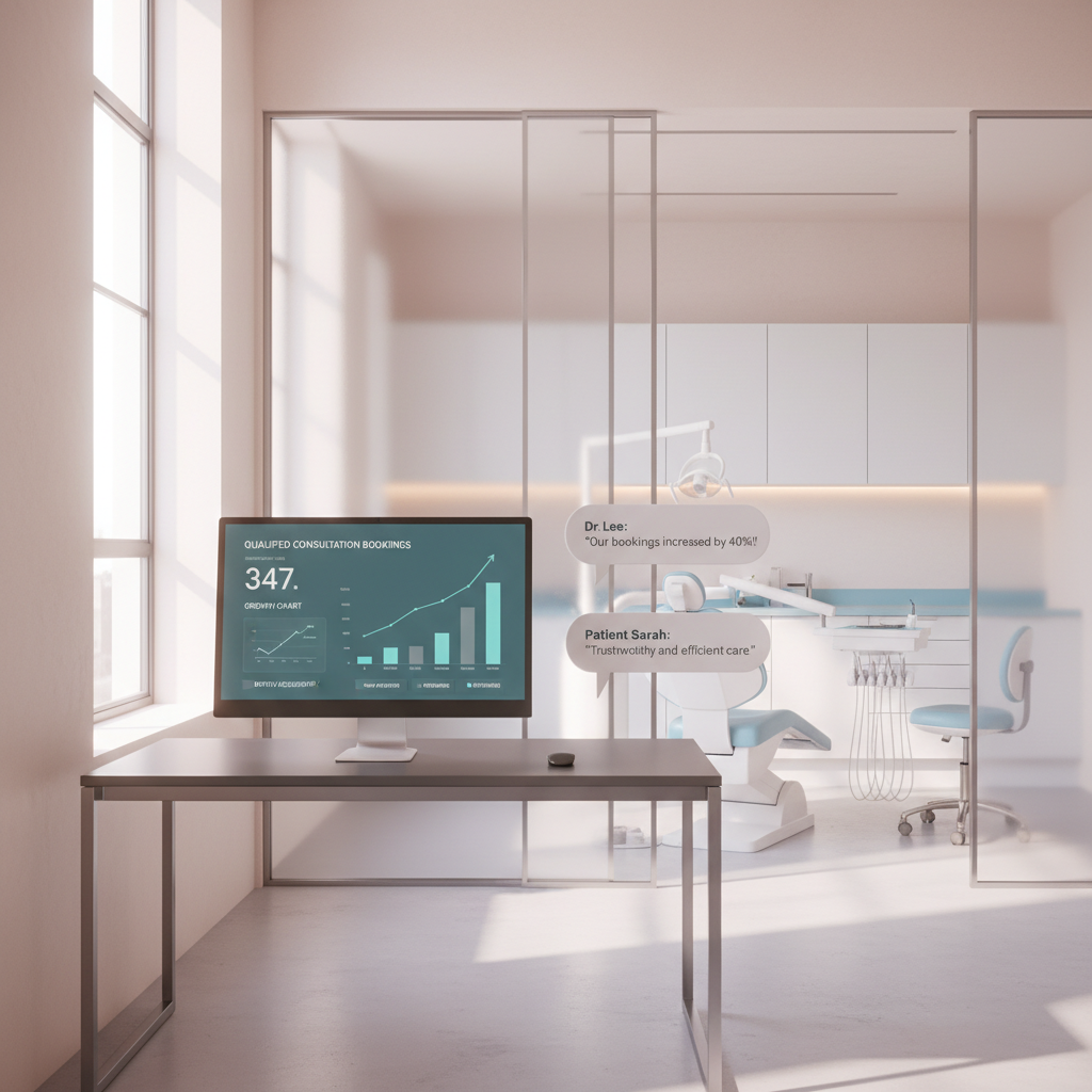 Modern dental workspace with dashboard, growth charts, testimonial bubbles, and clean treatment room.