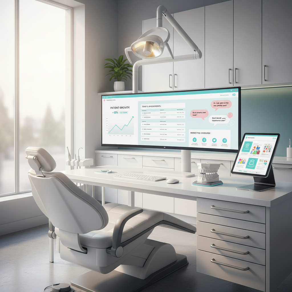Modern dental workspace with dashboard, growth charts, and testimonials in bright, clinical tones.