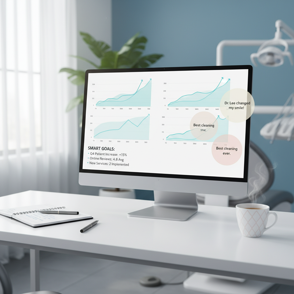 Modern dental workspace with dashboard, planner, pen, and coffee cup in bright, clinical tones.