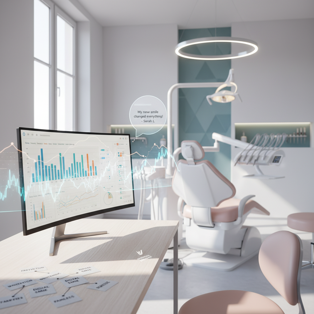 Modern dental workspace with data charts and a clinical treatment room in calming tones.
