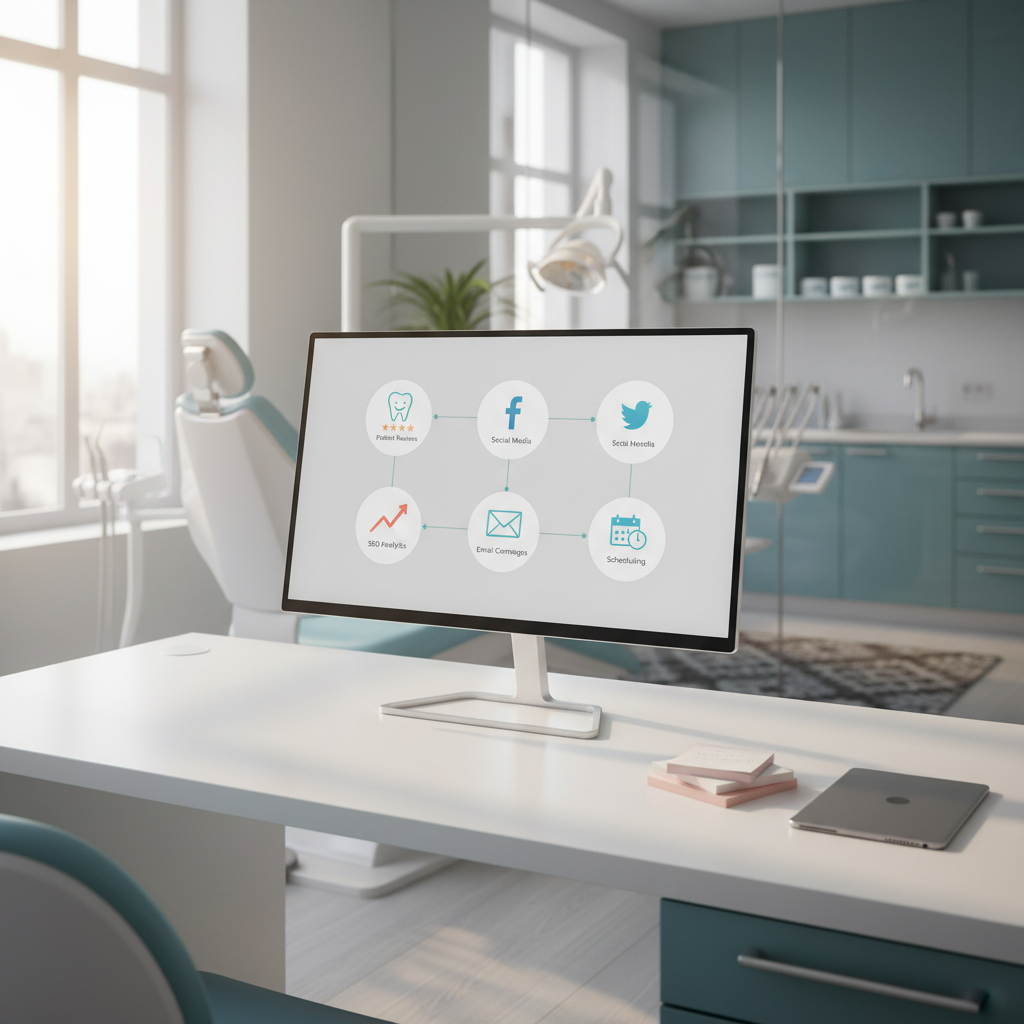 Modern dental workspace with digital dashboard, notes, and tablet in a bright, blue-accented room.