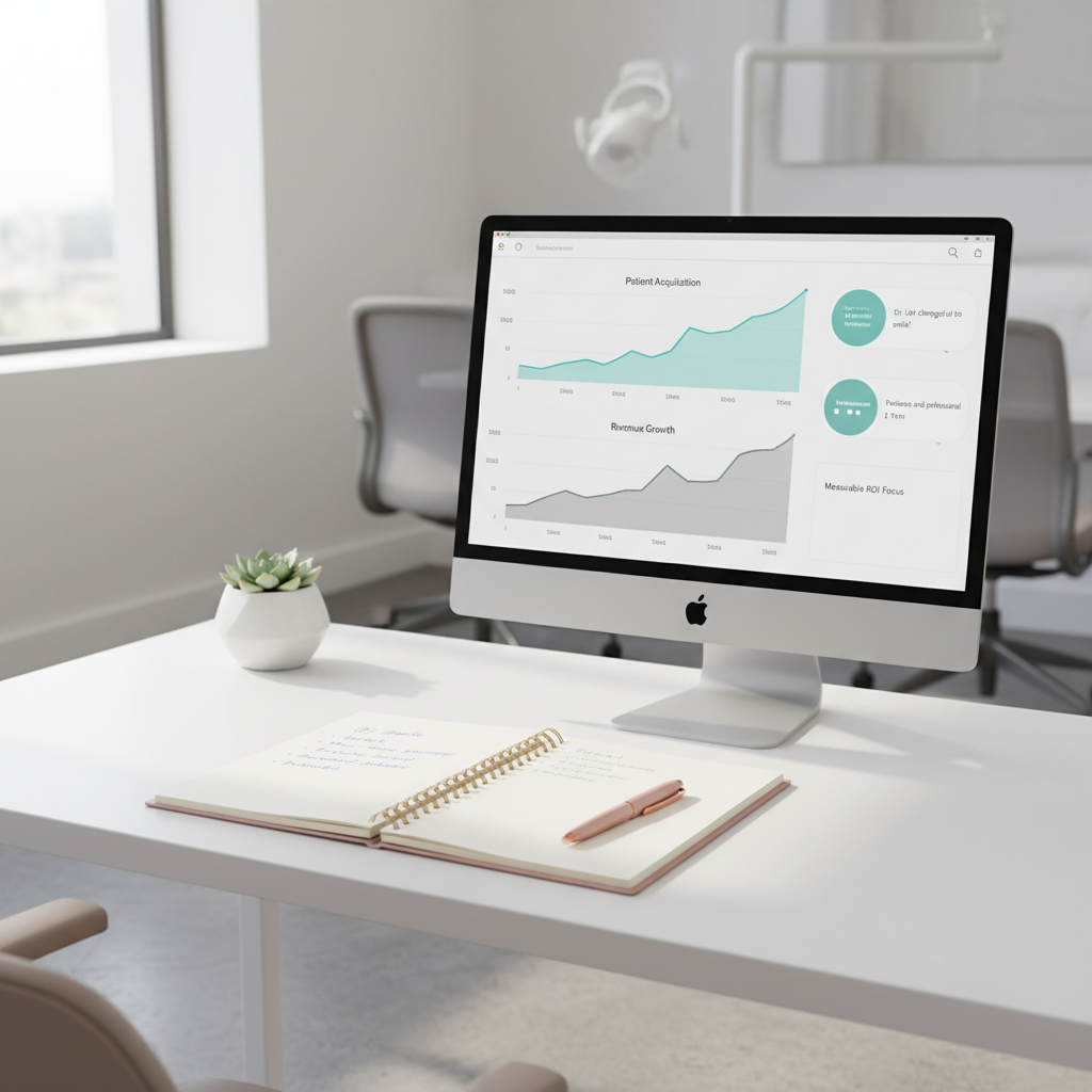Modern dental workspace with digital dashboard, notes, and warm, clean environment.