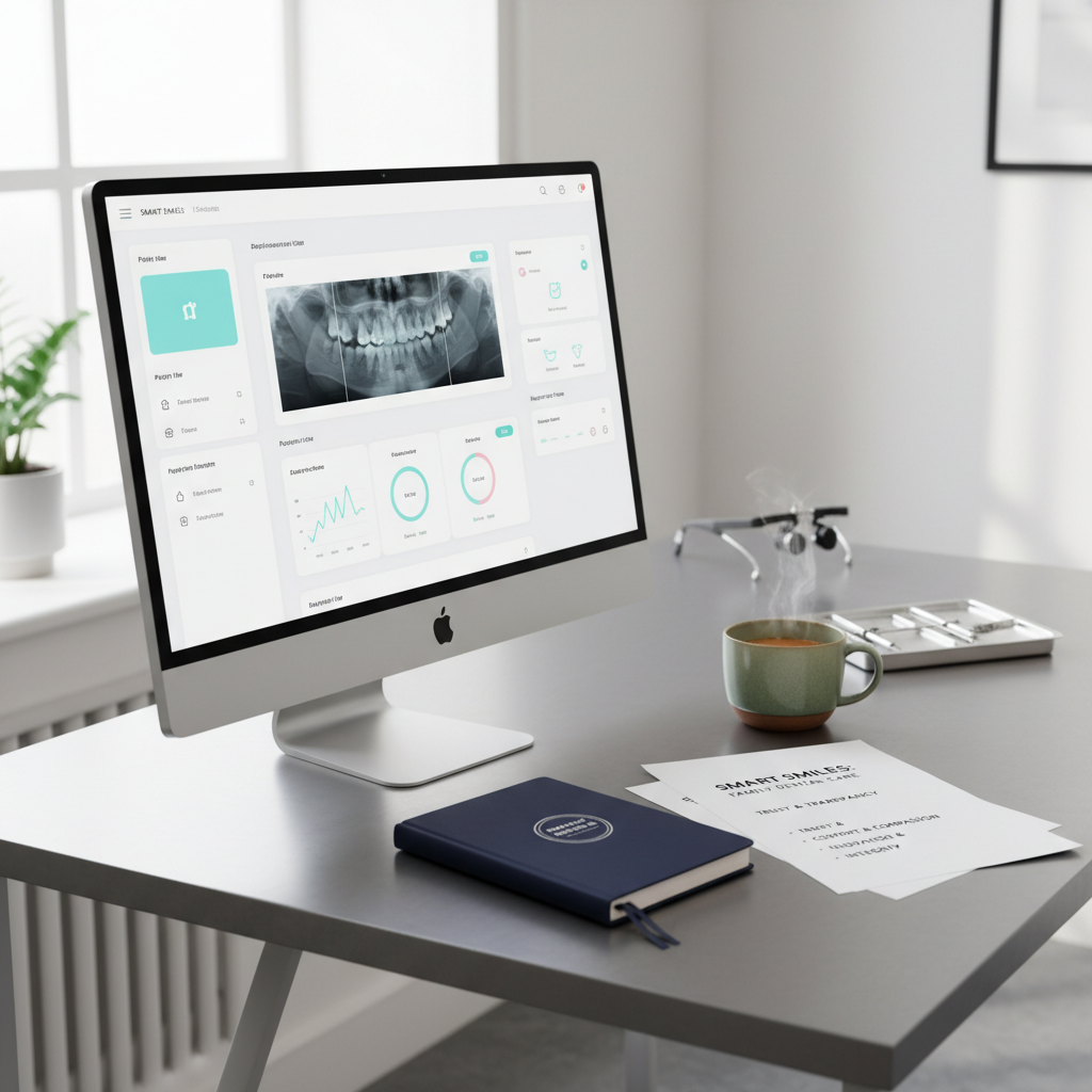 Modern dental workspace with digital dashboard, notebook, mug, and brand guidelines on desk.