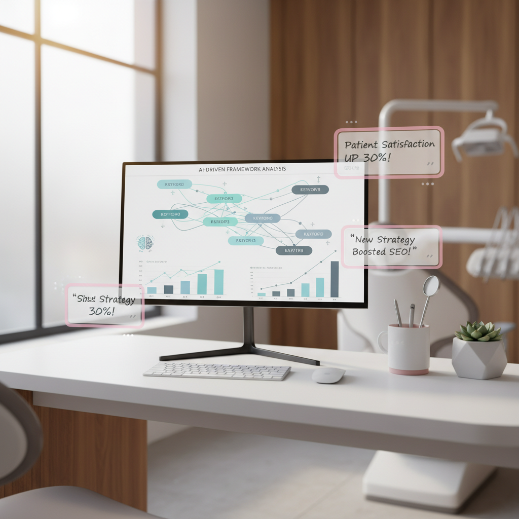 Modern dental workspace with digital dashboard, notes, and testimonials on white desk.