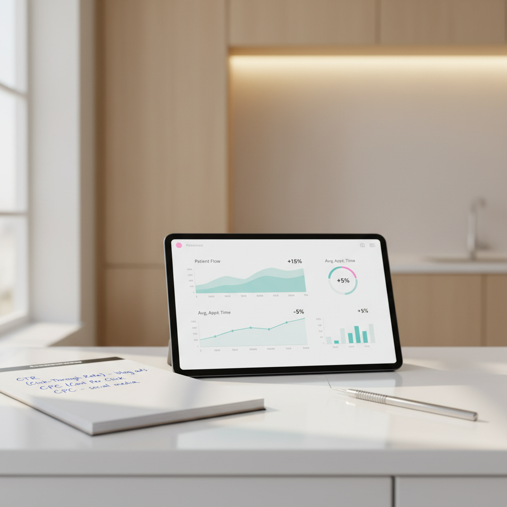 Modern dental workspace with digital dashboard, notes, and dental tools in bright, warm-lit setting.