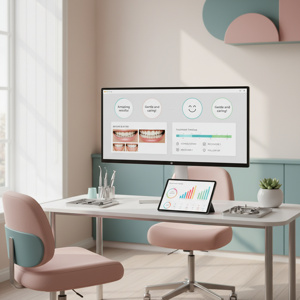 Modern dental workspace with digital dashboard, tablet, and clinical decor in warm, clean tones.