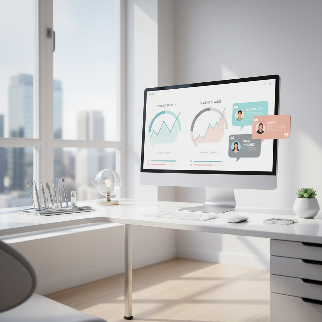 Modern dental workspace with digital dashboard, tools, and natural light in a professional setting.