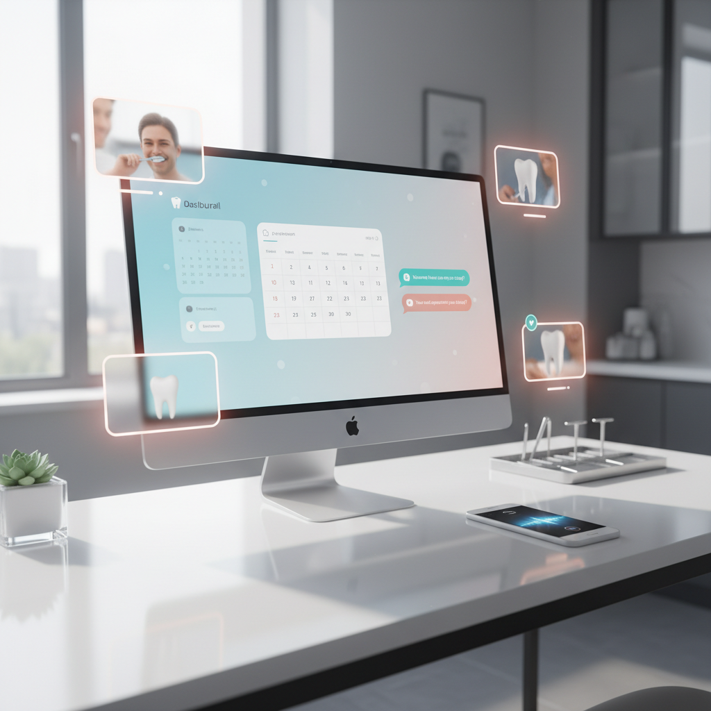 Modern dental workspace with digital devices, video thumbnails, and clinical tones in soft lighting.