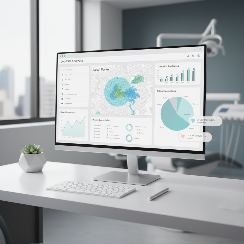 Modern dental workspace with digital screen showing market maps, charts, and clinical tones.