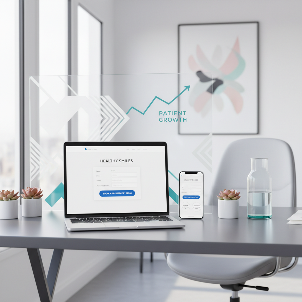 Modern dental workspace with laptop and smartphone displaying website wireframes and consultation forms.