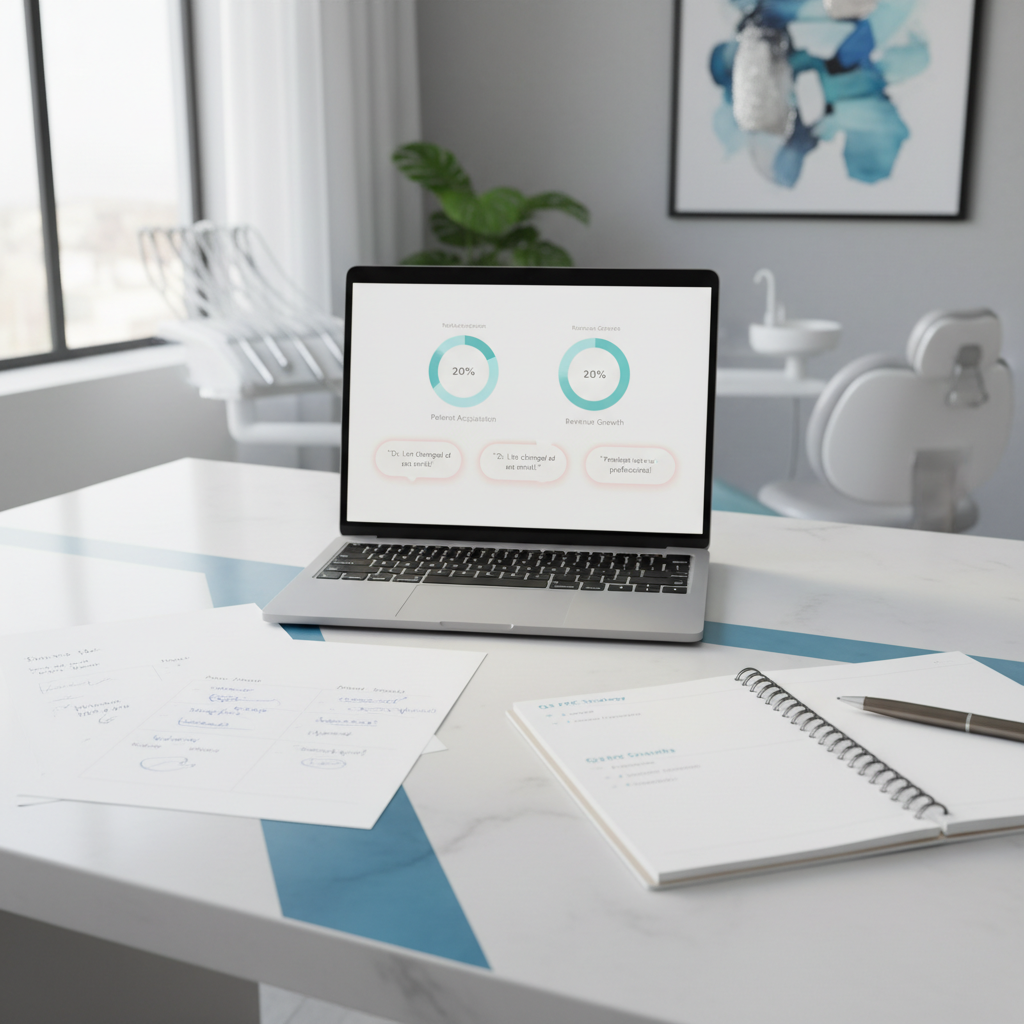 Modern dental workspace with laptop displaying dashboard, handwritten notes, and organized tools.