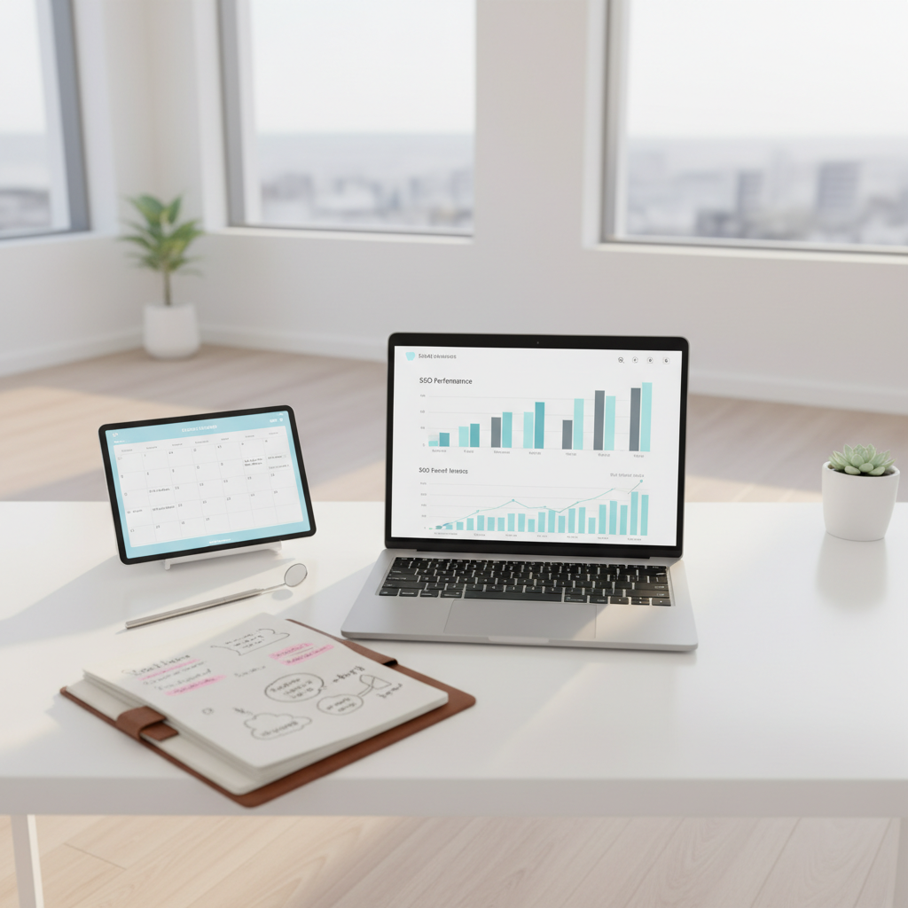 Modern dental workspace with laptop displaying marketing analytics, notes, and dental tools.
