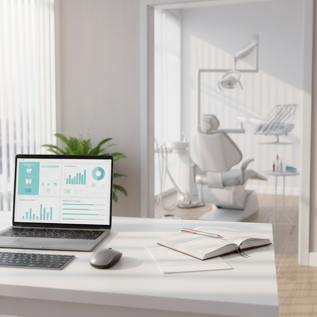 Modern dental workspace with laptop displaying patient data and nearby treatment room details.