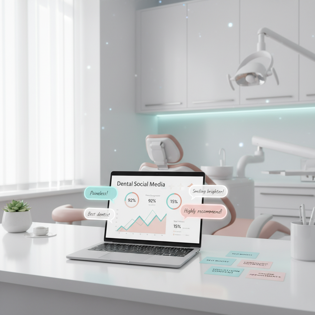 Modern dental workspace with laptop displaying social media analytics and testimonial notes.