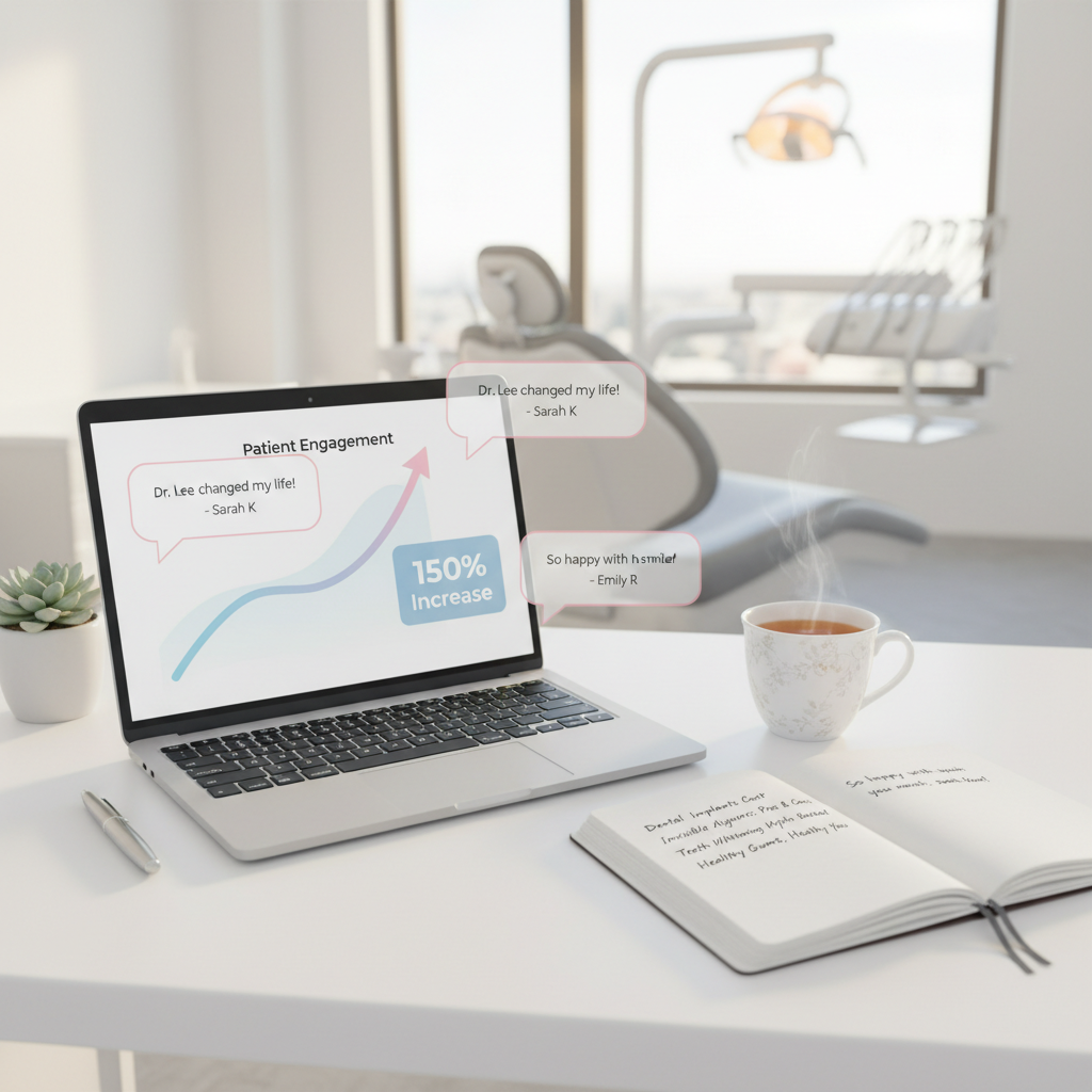 Modern dental workspace with laptop, growth chart, testimonial bubbles, notebook, and tea.