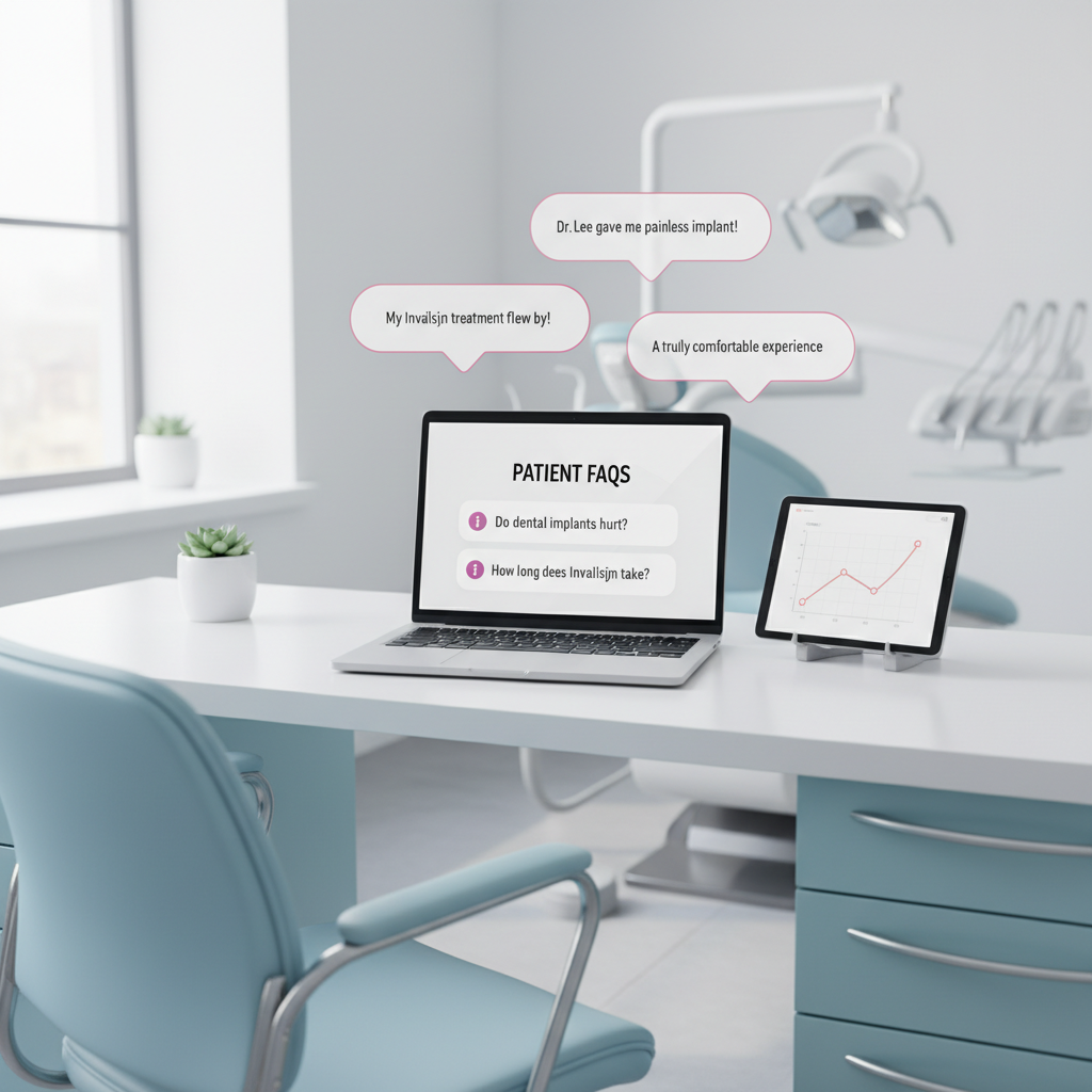 Modern dental workspace with laptop, growth chart, testimonial bubbles, and clinical tones.