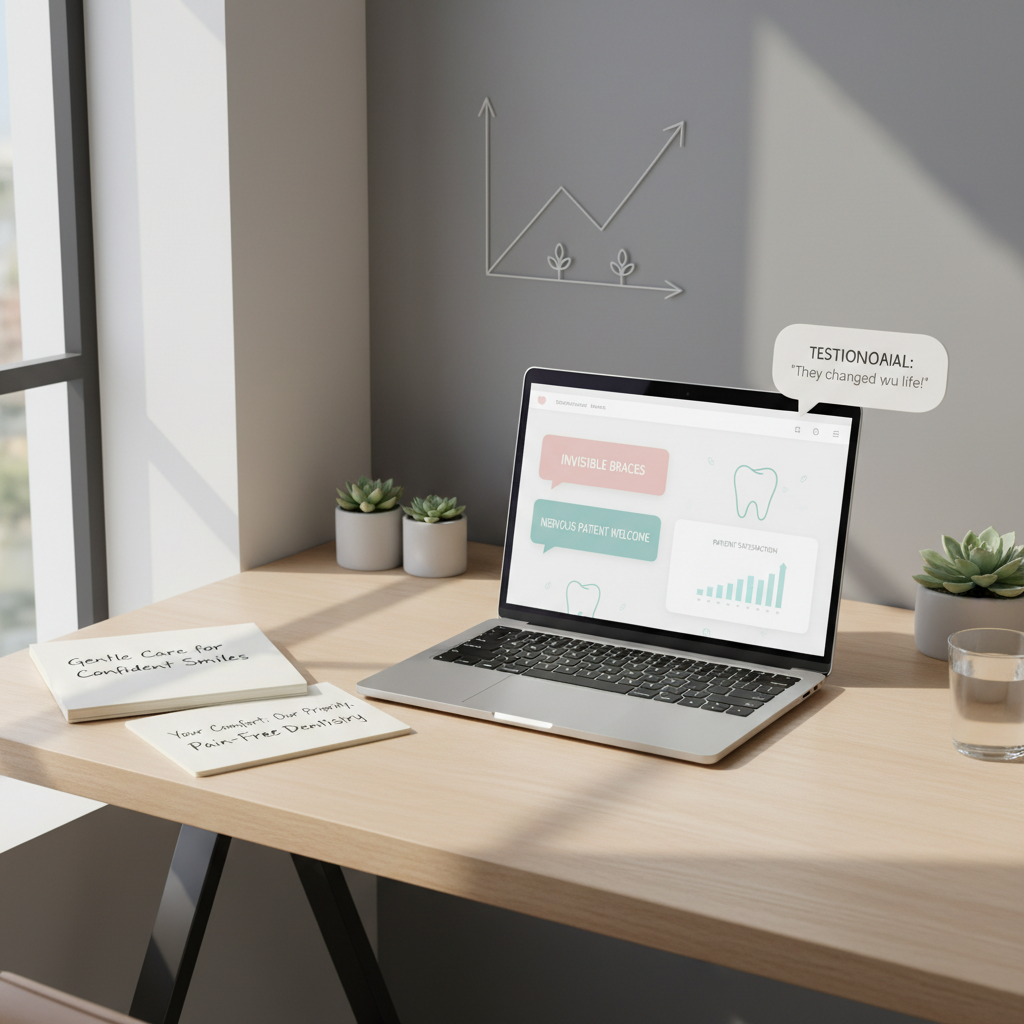 Modern dental workspace with laptop, notebooks, testimonial, and growth chart in bright, clean setting.