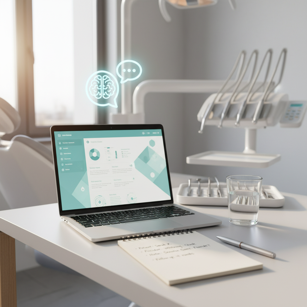 Modern dental workspace with laptop, notepad, water glass, and dental tools in bright room.