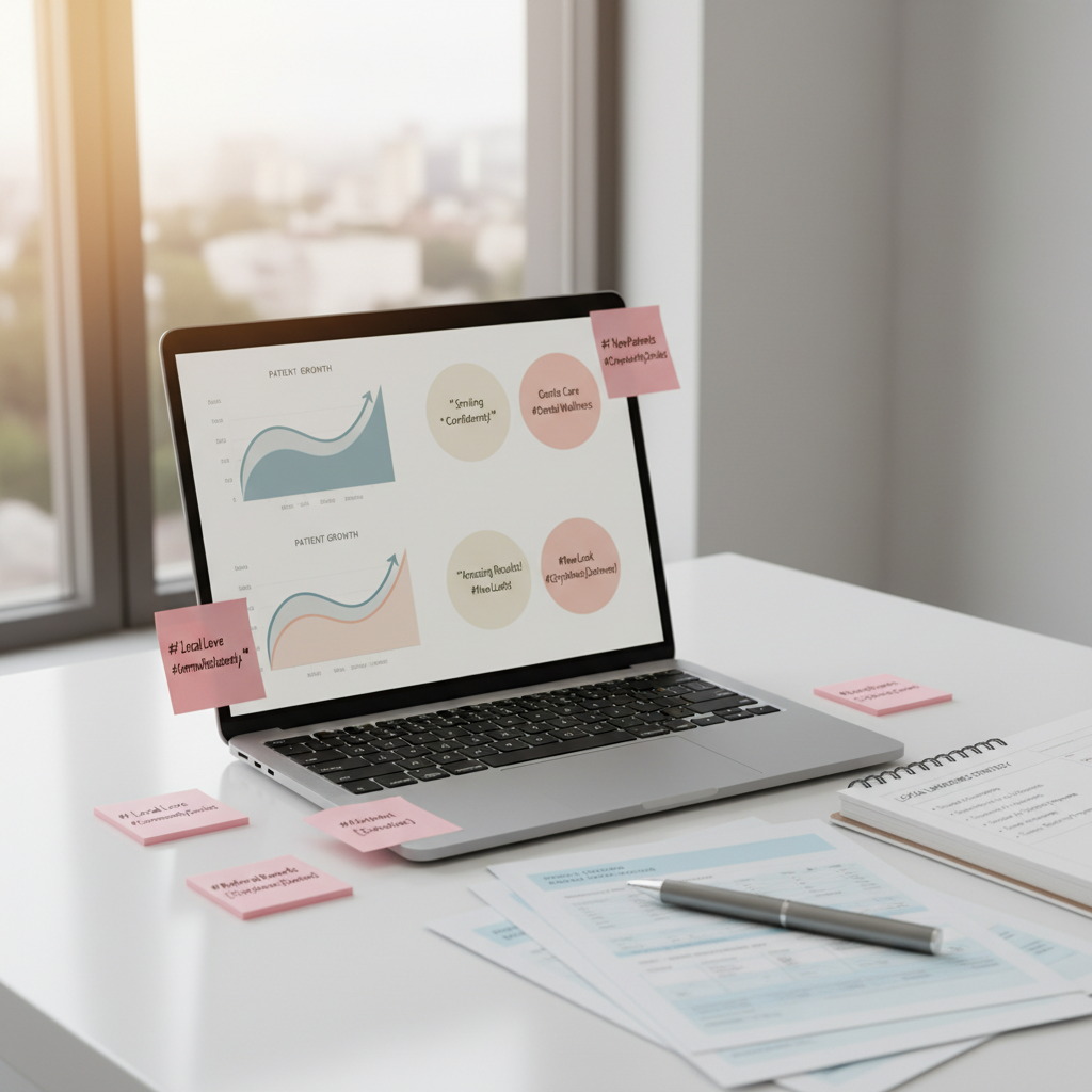 Modern dental workspace with laptop, planner, notes, and documents in bright, clinical tones with pink accents.