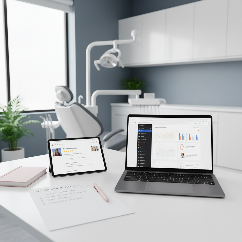 Modern dental workspace with laptop, tablet, checklist, and pink accents in a clinical setting.