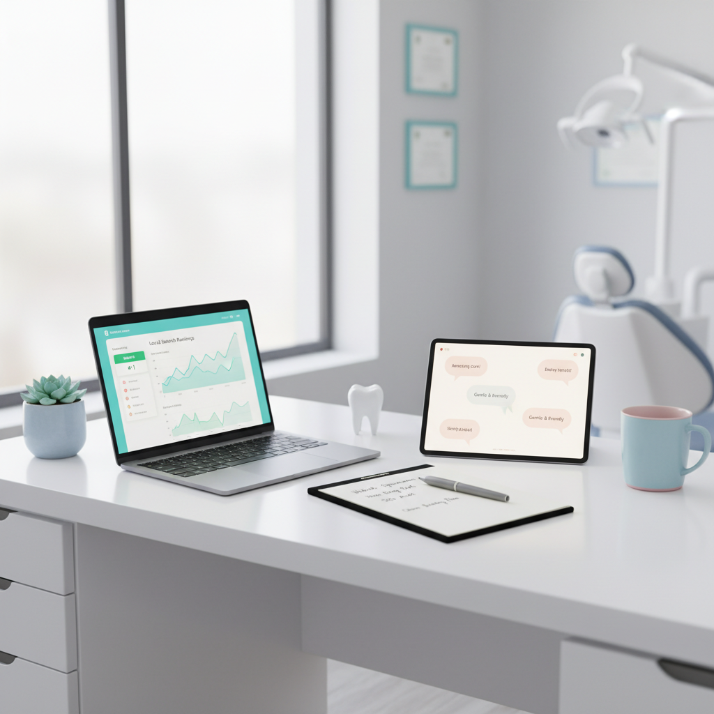 Modern dental workspace with laptop, tablet, and notepad