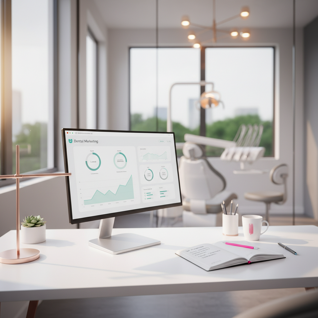 Modern dental workspace with marketing dashboard, notebook, and clinical treatment room in bright lighting.
