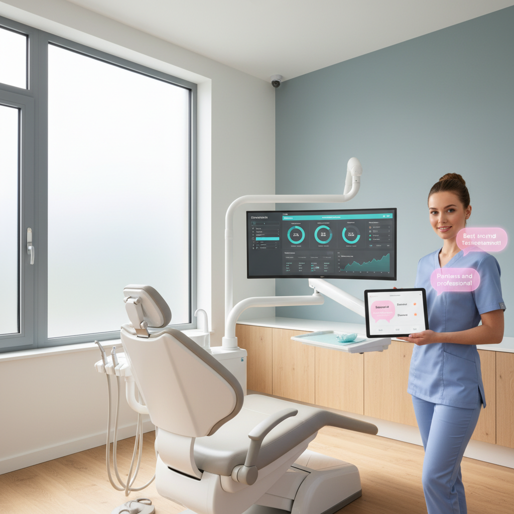 Modern dental workspace with monitor displaying growth charts and dentist reviewing patient testimonials.