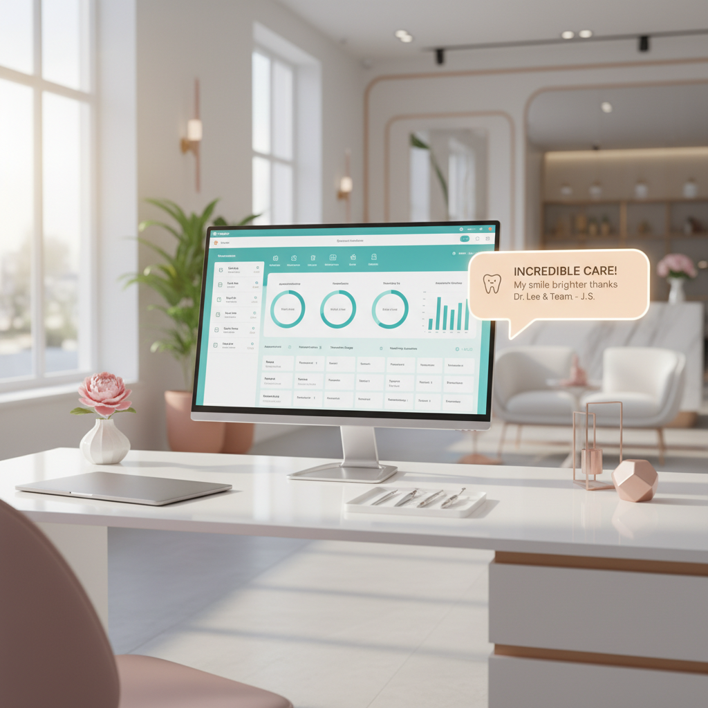 Modern dental workspace with patient data, charts, testimonial, tools, and soft color accents.