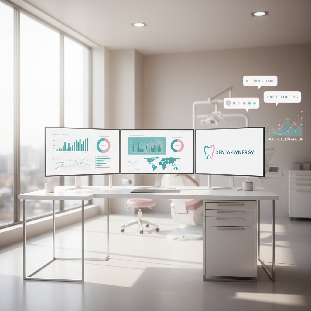 Modern dental workspace with performance charts, location markers, and testimonial bubbles.