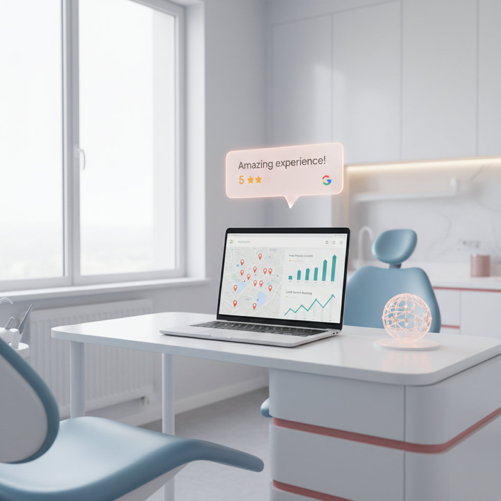 Bright dental clinic with laptop displaying local search maps and growth charts in a modern treatment room.