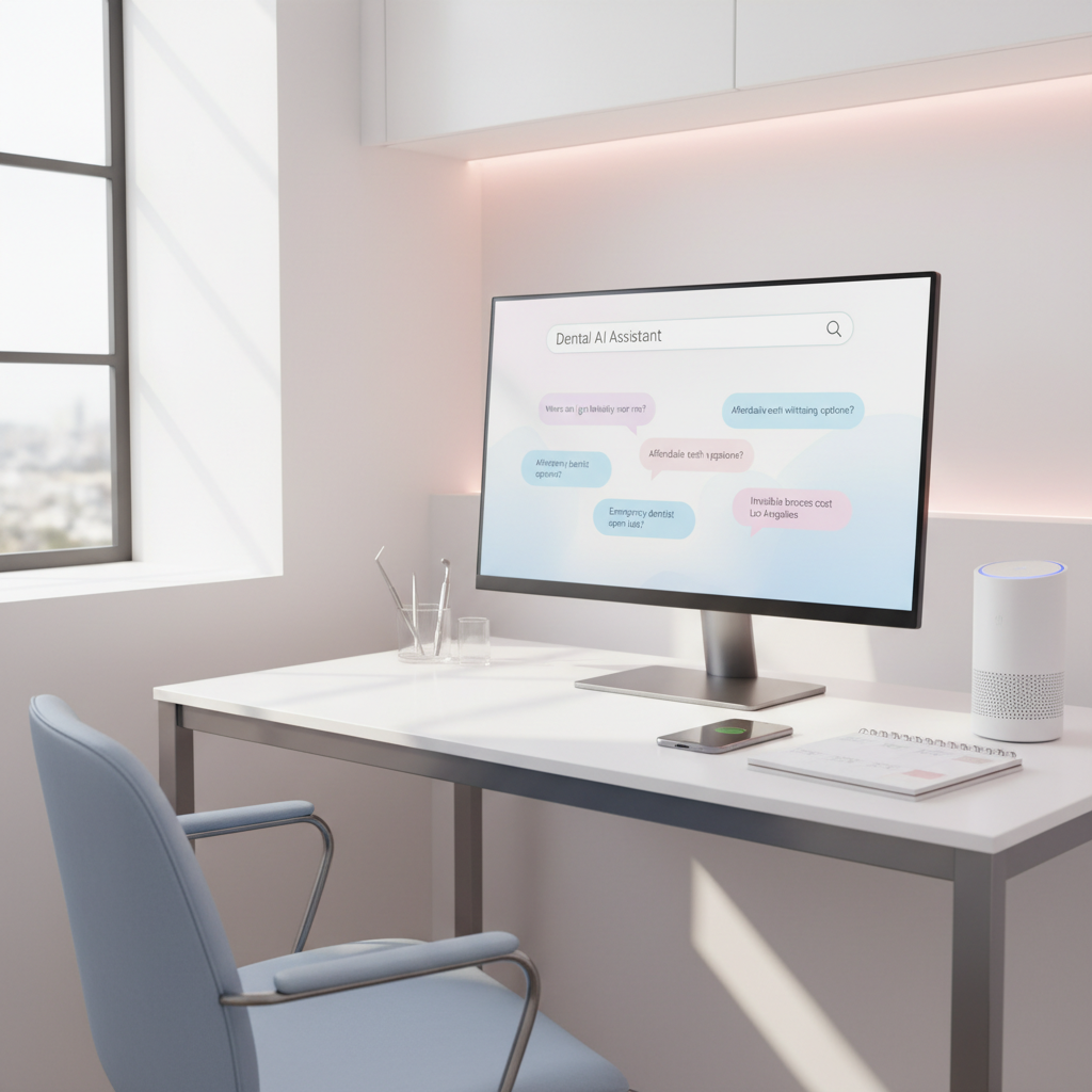Bright dental clinic workspace with computer, smartphone, smart speaker, and appointment calendar.